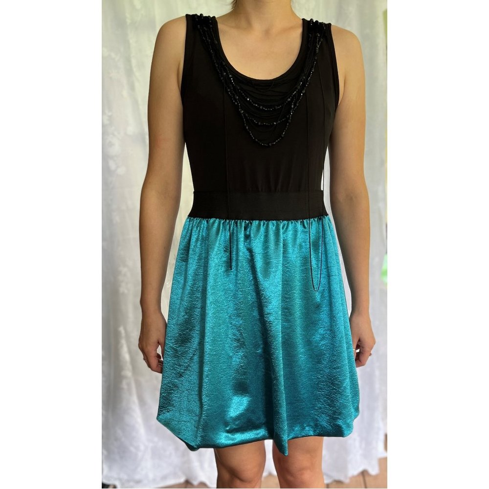 BCX Metallic Teal + Beaded Necklace Accent A-line Party Dress [size: M]